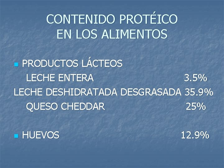 CONTENIDO PROTÉICO EN LOS ALIMENTOS PRODUCTOS LÁCTEOS LECHE ENTERA 3. 5% LECHE DESHIDRATADA DESGRASADA