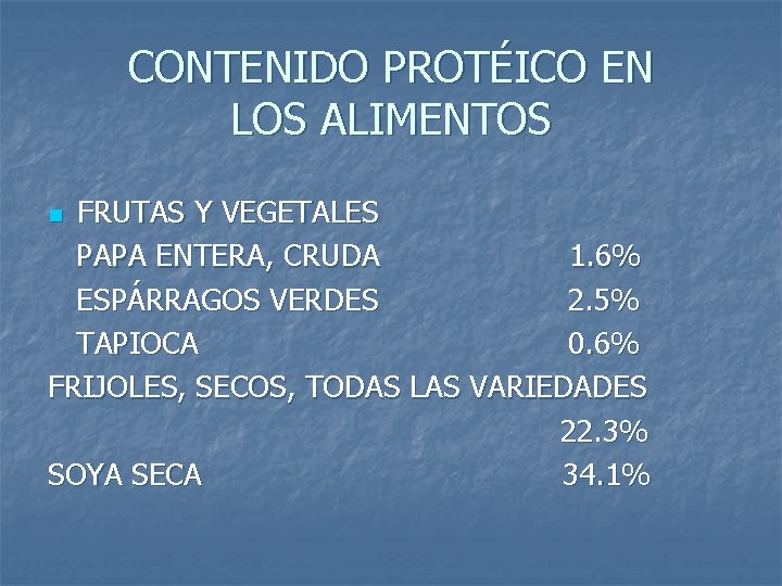 CONTENIDO PROTÉICO EN LOS ALIMENTOS FRUTAS Y VEGETALES PAPA ENTERA, CRUDA 1. 6% ESPÁRRAGOS