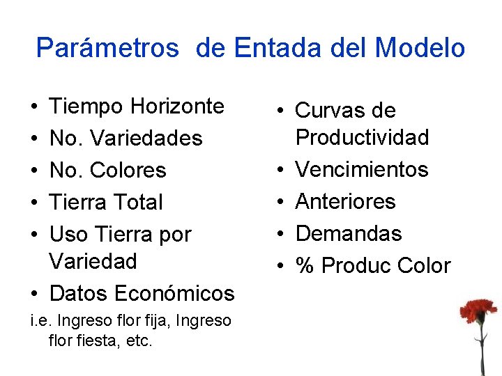 Parámetros de Entada del Modelo • • • Tiempo Horizonte No. Variedades No. Colores