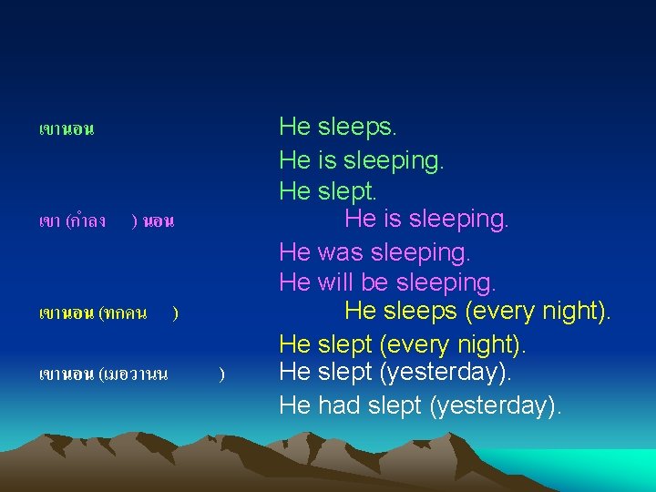 เขานอน เขา (กำลง ) นอน เขานอน (ทกคน เขานอน (เมอวานน ) ) He sleeps. He