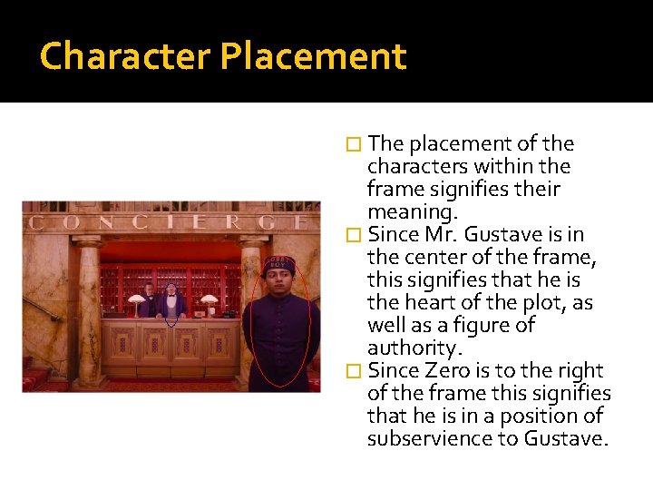 Character Placement � The placement of the characters within the frame signifies their meaning.