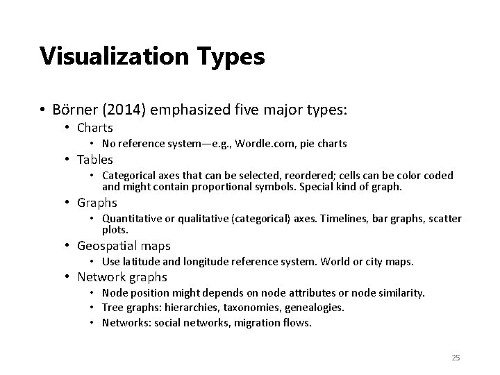 Visualization Types • Börner (2014) emphasized five major types: • Charts • No reference