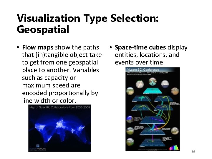 Visualization Type Selection: Geospatial • Flow maps show the paths • Space-time cubes display