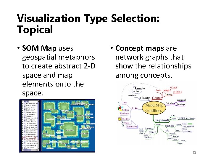 Visualization Type Selection: Topical • SOM Map uses geospatial metaphors to create abstract 2‐D