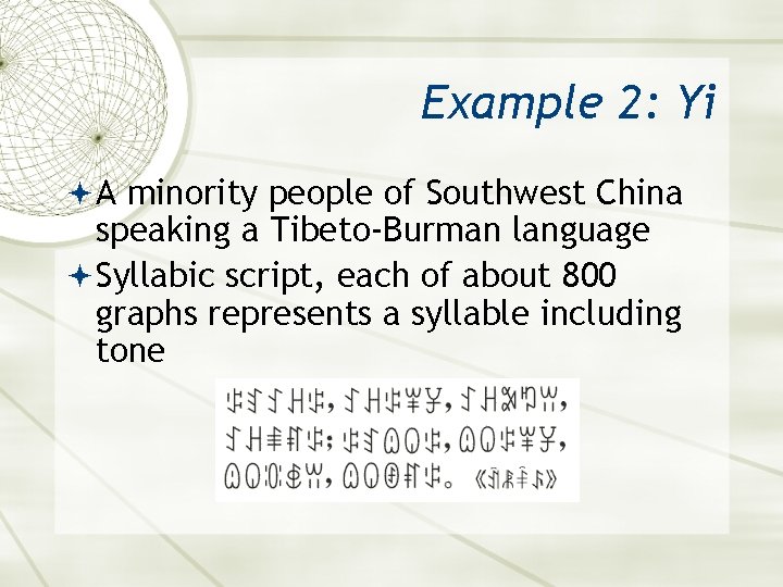 Example 2: Yi A minority people of Southwest China speaking a Tibeto-Burman language Syllabic