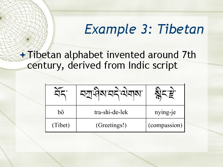 Example 3: Tibetan alphabet invented around 7 th century, derived from Indic script 