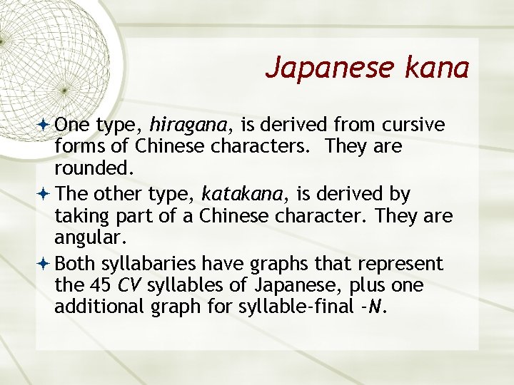 Japanese kana One type, hiragana, is derived from cursive forms of Chinese characters. They