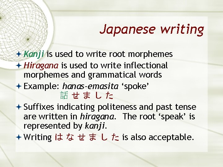 Japanese writing Kanji is used to write root morphemes Hiragana is used to write