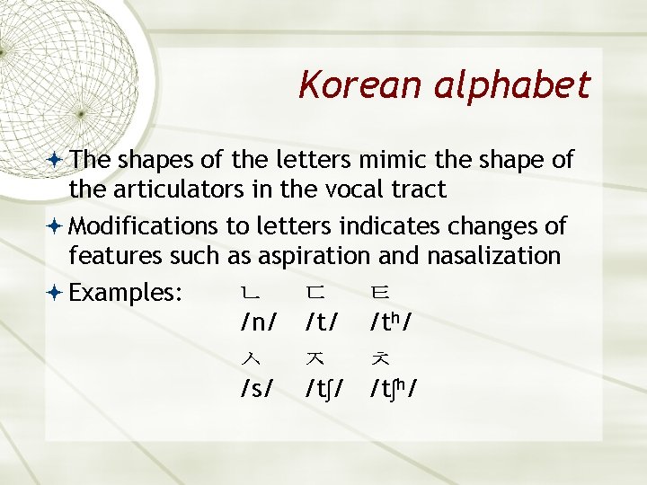 Korean alphabet The shapes of the letters mimic the shape of the articulators in