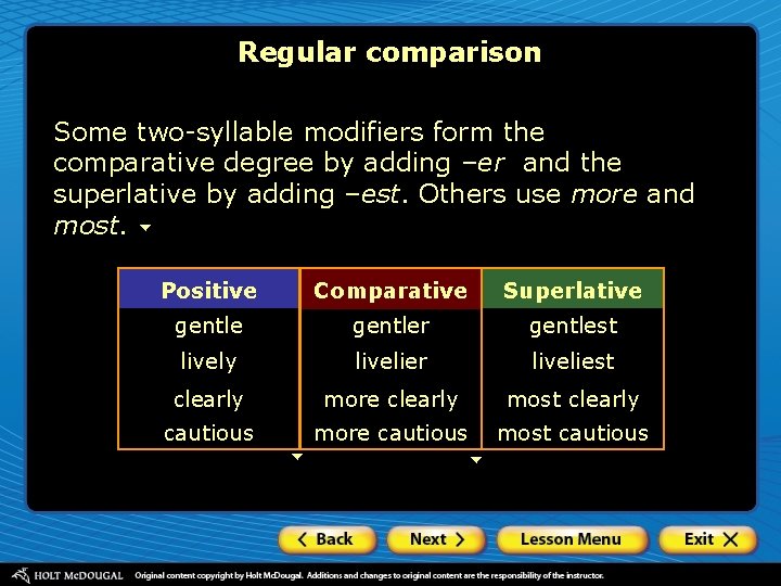 Regular comparison Some two-syllable modifiers form the comparative degree by adding –er and the