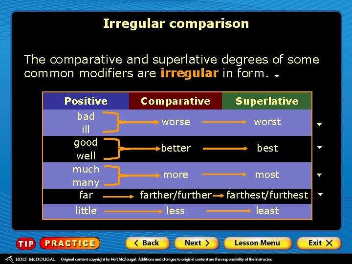 Irregular comparison The comparative and superlative degrees of some common modifiers are irregular in