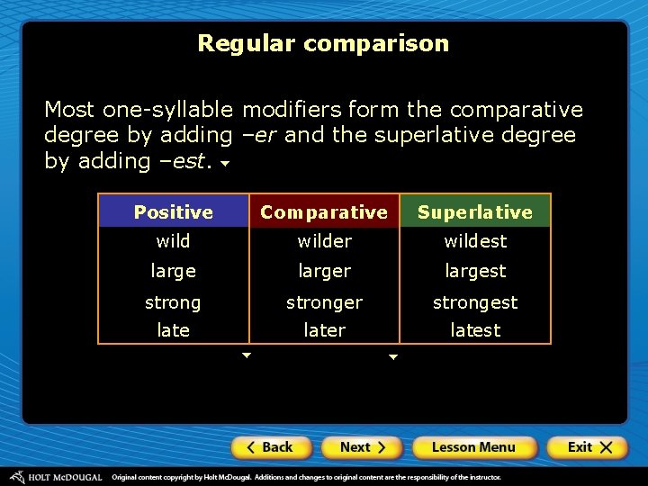 Regular comparison Most one-syllable modifiers form the comparative degree by adding –er and the