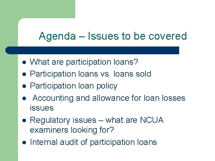Agenda – Issues to be covered l l l What are participation loans? Participation
