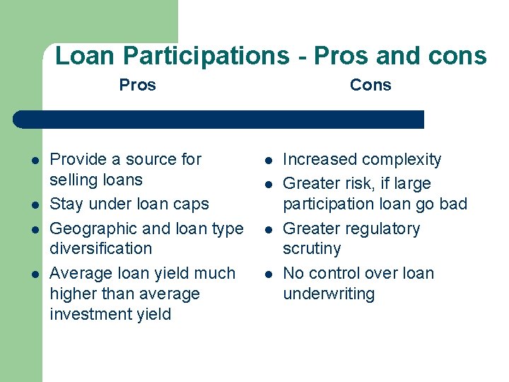 Loan Participations - Pros and cons Pros l l Provide a source for selling