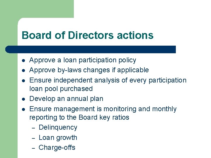 Board of Directors actions l l l Approve a loan participation policy Approve by-laws