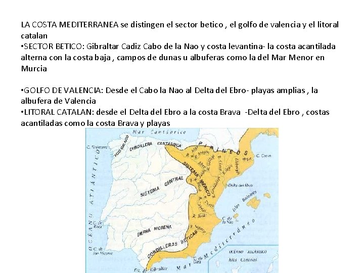 LA COSTA MEDITERRANEA se distingen el sector betico , el golfo de valencia y