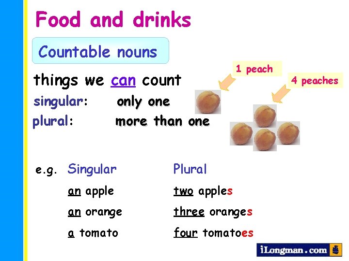 Food and drinks Countable nouns things we can count singular: plural: 1 peach only