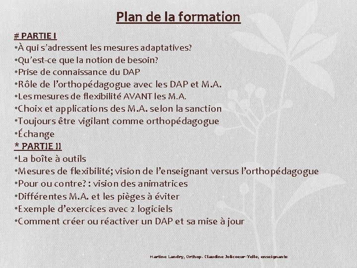 Plan de la formation # PARTIE I • À qui s’adressent les mesures adaptatives? Plan de la formation # PARTIE I • À qui s’adressent les mesures adaptatives?