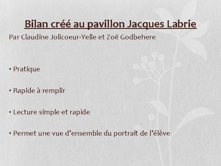 Bilan créé au pavillon Jacques Labrie Par Claudine Jolicoeur-Yelle et Zoë Godbehere • Pratique Bilan créé au pavillon Jacques Labrie Par Claudine Jolicoeur-Yelle et Zoë Godbehere • Pratique