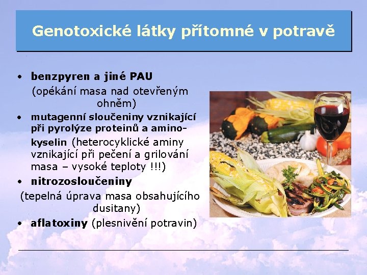 Genotoxické látky přítomné v potravě • benzpyren a jiné PAU (opékání masa nad otevřeným
