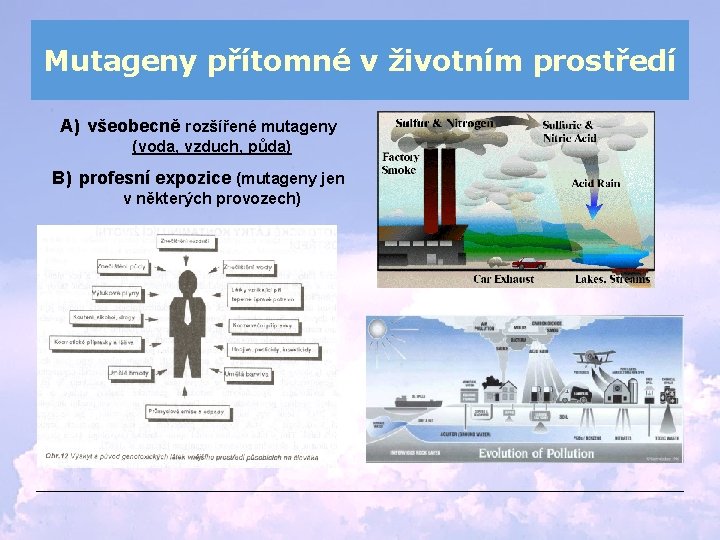 Mutageny přítomné v životním prostředí A) všeobecně rozšířené mutageny (voda, vzduch, půda) B) profesní