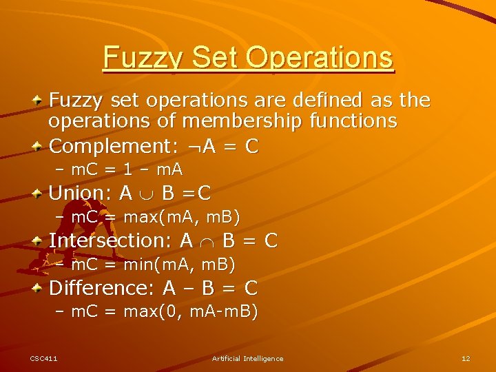 Fuzzy Set Operations Fuzzy set operations are defined as the operations of membership functions