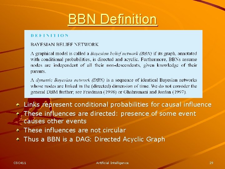 BBN Definition Links represent conditional probabilities for causal influence These influences are directed: presence