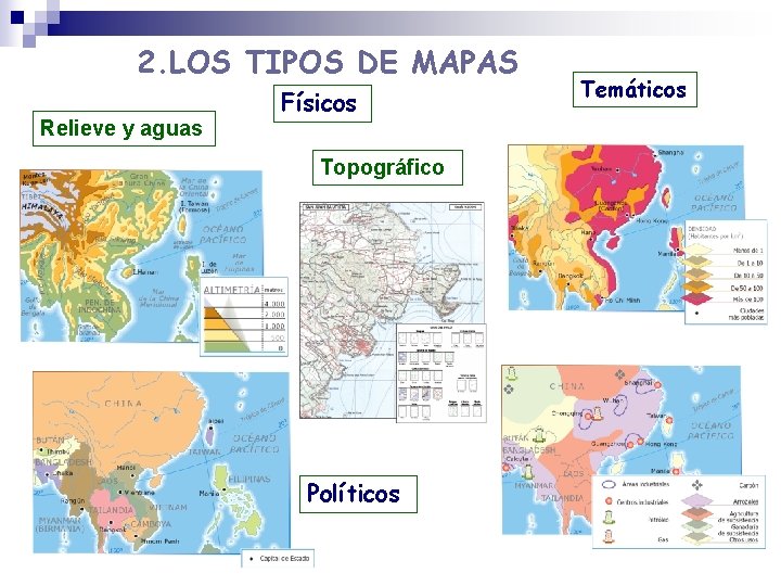 2. LOS TIPOS DE MAPAS Relieve y aguas Físicos Topográfico Políticos Temáticos 