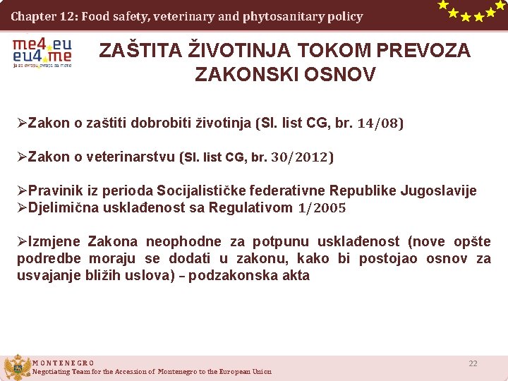 Chapter 12: Food safety, veterinary and phytosanitary policy ZAŠTITA ŽIVOTINJA TOKOM PREVOZA ZAKONSKI OSNOV