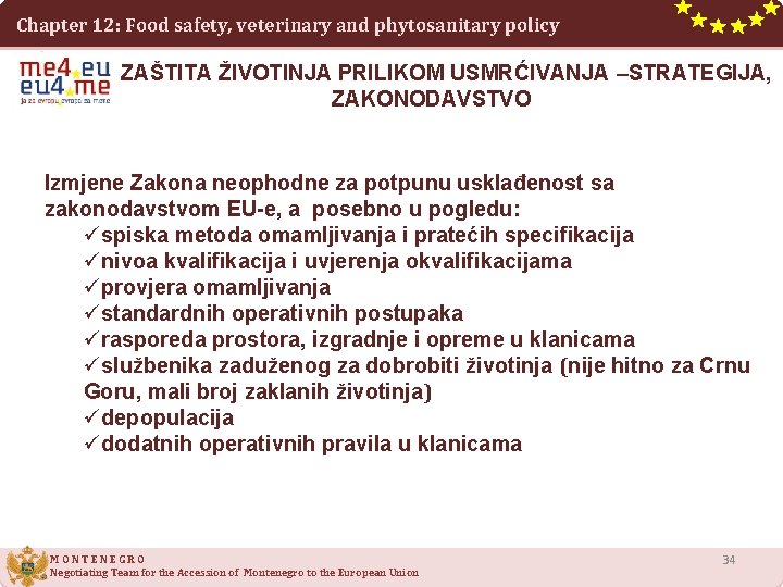 Chapter 12: Food safety, veterinary and phytosanitary policy ZAŠTITA ŽIVOTINJA PRILIKOM USMRĆIVANJA –STRATEGIJA, ZAKONODAVSTVO