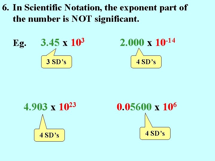 6. In Scientific Notation, the exponent part of the number is NOT significant. Eg.