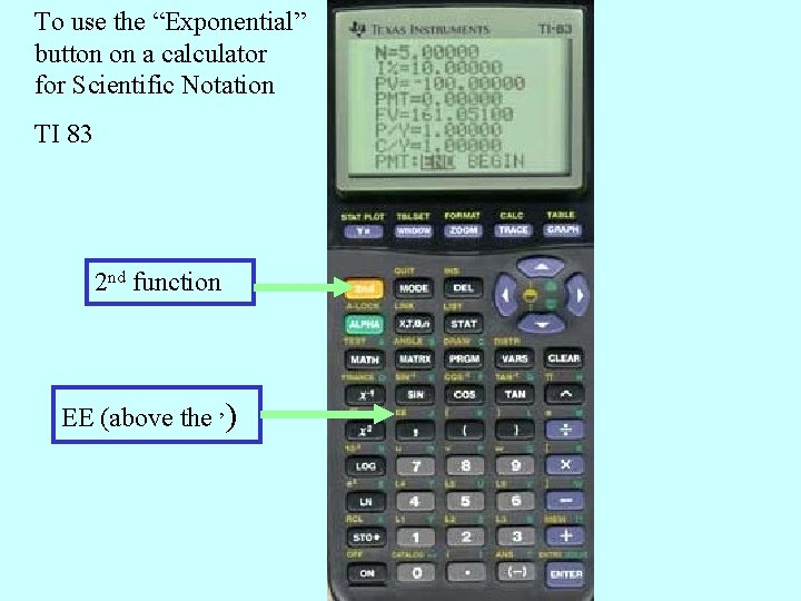 To use the “Exponential” button on a calculator for Scientific Notation TI 83 2