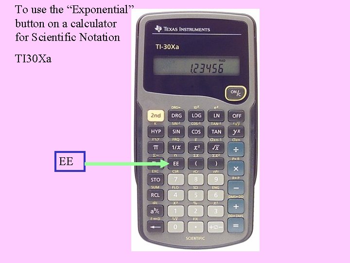 To use the “Exponential” button on a calculator for Scientific Notation TI 30 Xa