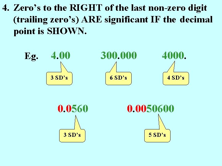 4. Zero’s to the RIGHT of the last non-zero digit (trailing zero’s) ARE significant