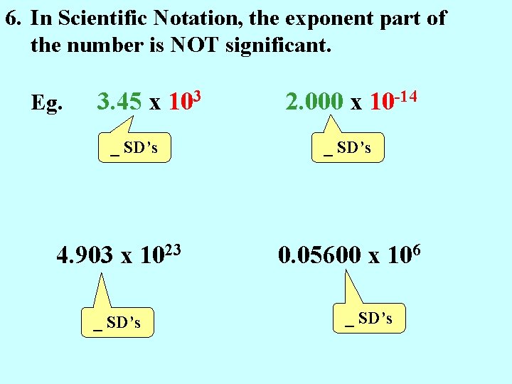 6. In Scientific Notation, the exponent part of the number is NOT significant. Eg.