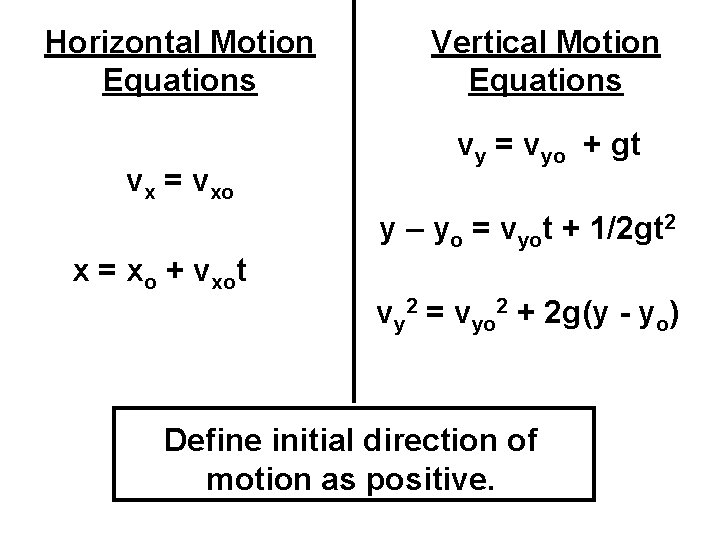 Horizontal Motion Equations vx = vxo Vertical Motion Equations vy = vyo + gt