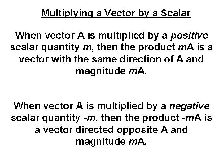 Multiplying a Vector by a Scalar When vector A is multiplied by a positive