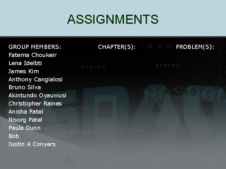 ASSIGNMENTS GROUP MEMBERS: CHAPTER(S): PROBLEM(S): Fatema Choukeir Lena Idelbti James Kim Anthony Cangialosi Bruno