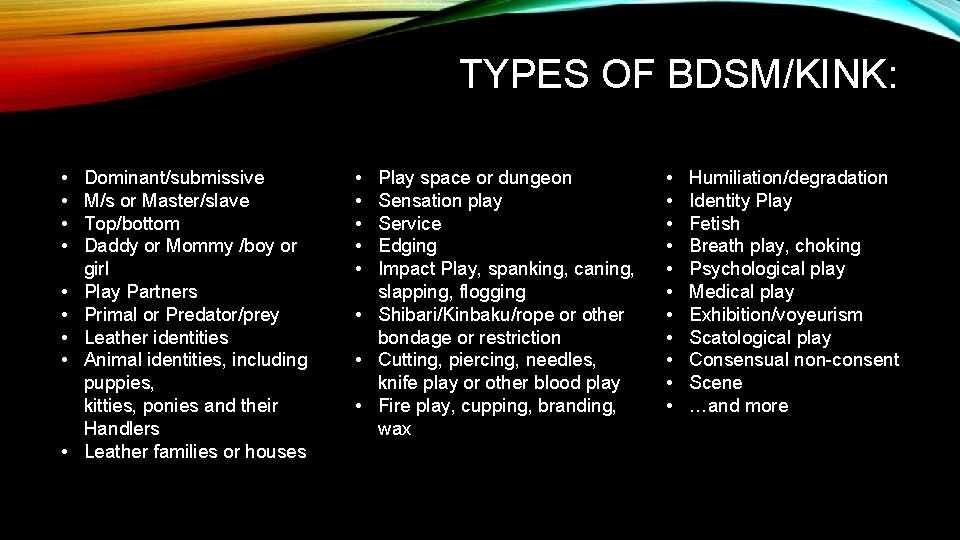 TYPES OF BDSM/KINK: • • • Dominant/submissive M/s or Master/slave Top/bottom Daddy or Mommy