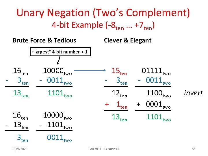 Unary Negation (Two’s Complement) 4 -bit Example (-8 ten … +7 ten) Brute Force