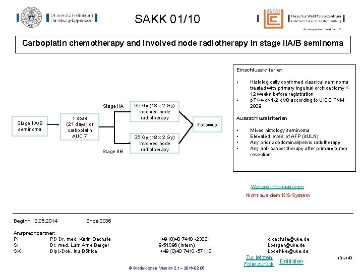SAKK 01/10 Carboplatin chemotherapy and involved node radiotherapy in stage IIA/B seminoma Einschlusskriterien • SAKK 01/10 Carboplatin chemotherapy and involved node radiotherapy in stage IIA/B seminoma Einschlusskriterien •