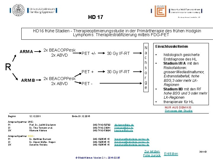 HD 17 HD 16 frühe Stadien - Therapieoptimierungsstudie in der Primärtherapie des frühen Hodgkin HD 17 HD 16 frühe Stadien - Therapieoptimierungsstudie in der Primärtherapie des frühen Hodgkin