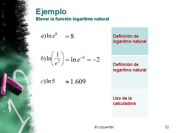 Ejemplo Elevar la función logaritmo natural Definición de logarítmo natural Uso de la calculadora