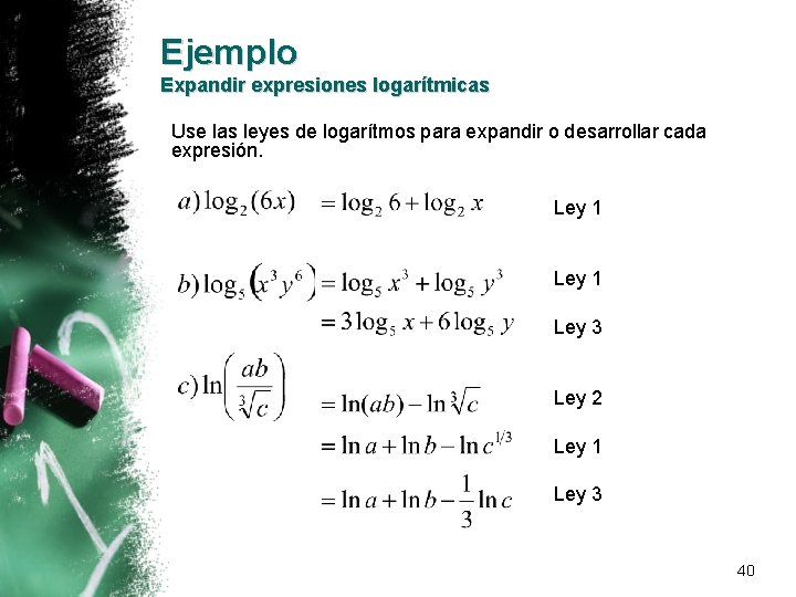 Ejemplo Expandir expresiones logarítmicas Use las leyes de logarítmos para expandir o desarrollar cada