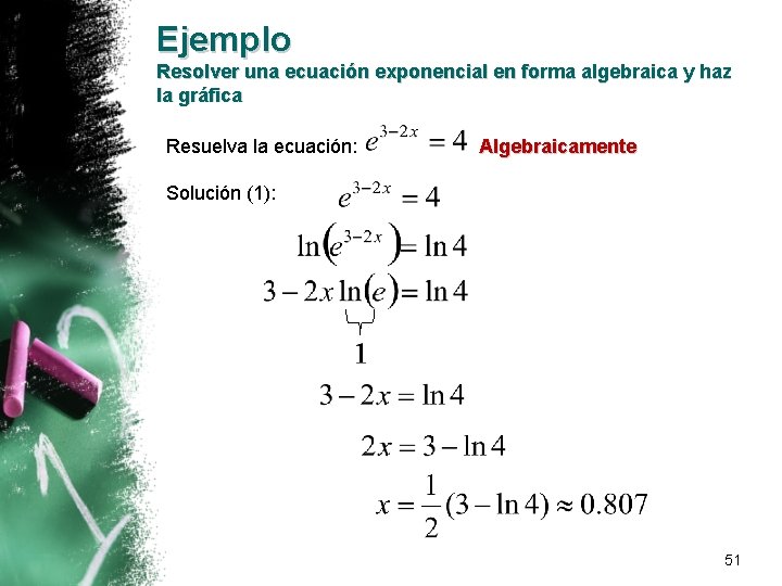 Ejemplo Resolver una ecuación exponencial en forma algebraica y haz la gráfica Resuelva la