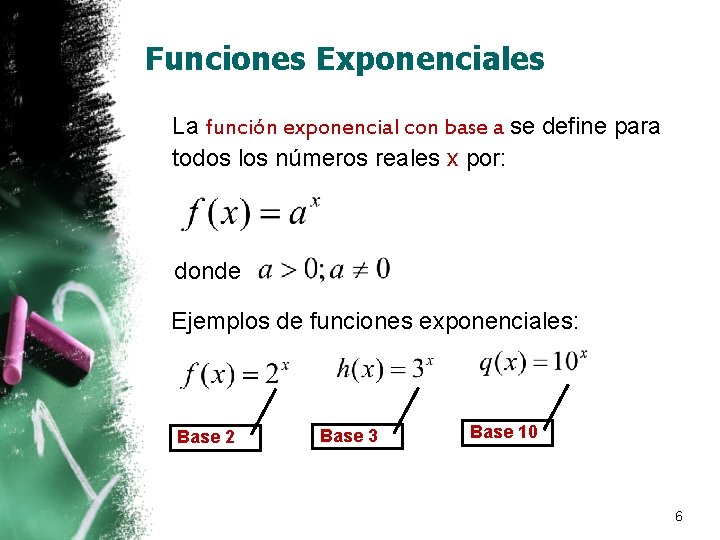 Funciones Exponenciales La función exponencial con base a se define para todos los números