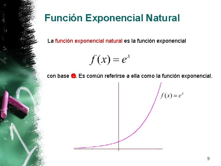 Función Exponencial Natural La función exponencial natural es la función exponencial con base e.