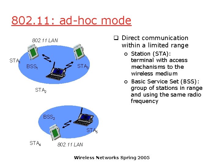 802. 11: ad-hoc mode q Direct communication within a limited range 802. 11 LAN