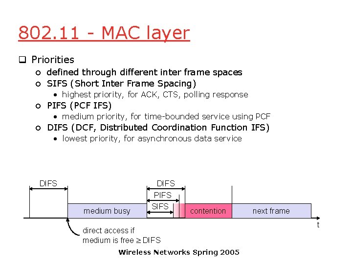 802. 11 - MAC layer q Priorities o defined through different inter frame spaces