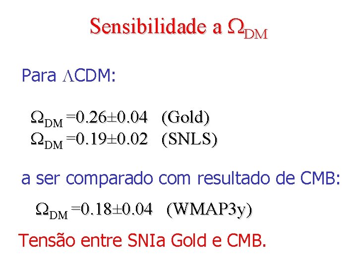 Sensibilidade a WDM Para LCDM: WDM =0. 26± 0. 04 (Gold) WDM =0. 19±